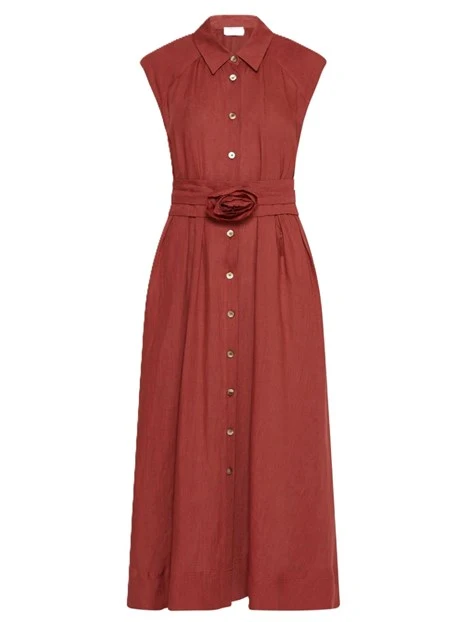 VESTITO LUNGO CHEMISIER IN PURO LINO CON CINTURA COORDINATA DONNA ROSSO