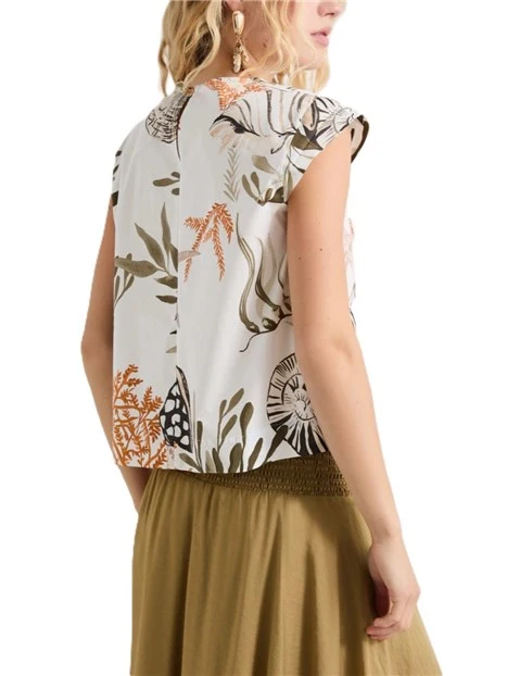 T-SHIRT MANICA CORTA CON STAMPA FANTASIA E APERTURA A GOCCIA SUL RETRO DONNA BIANCO