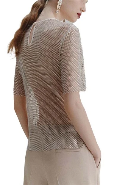 T-SHIRT MANICA CORTA IN RETE CON STRASS DONNA BIANCO
