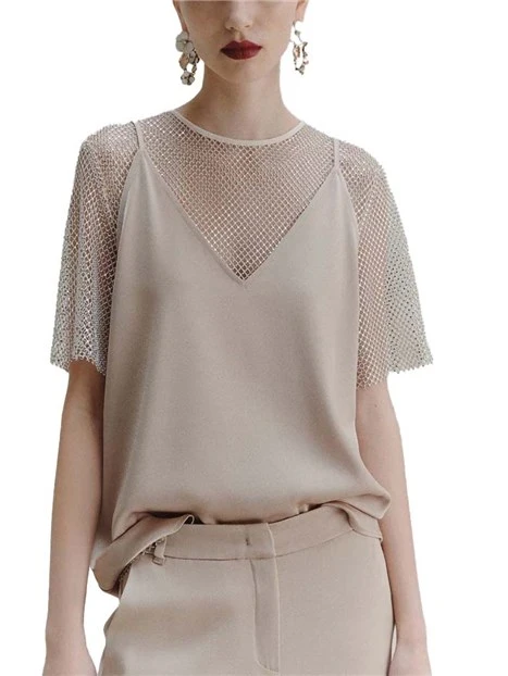 T-SHIRT MANICA CORTA IN RETE CON STRASS DONNA BIANCO