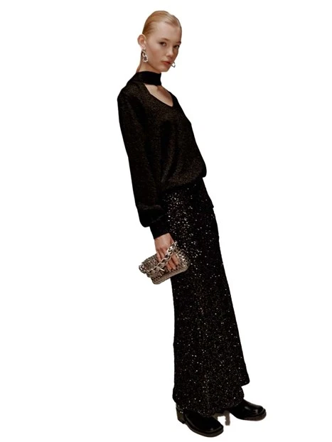 MAGLIA CON SCOLLO A V IN LUREX CON FUSCIACCA DONNA NERO