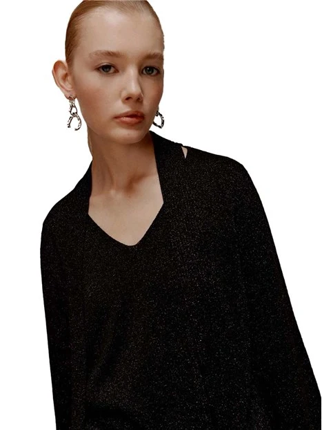 MAGLIA CON SCOLLO A V IN LUREX CON FUSCIACCA DONNA NERO