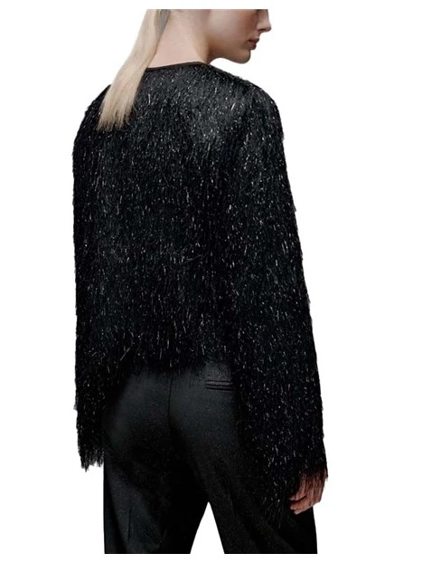 CARDIGAN CON LAVORAZIONE A FRANGE E CHIUSURA A GANCIO DONNA NERO