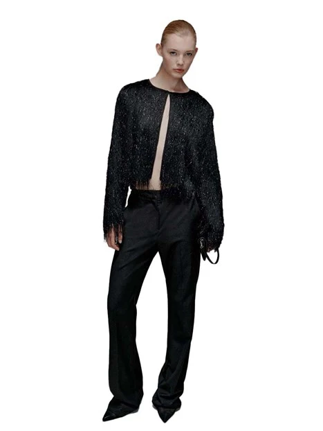 CARDIGAN CON LAVORAZIONE A FRANGE E CHIUSURA A GANCIO DONNA NERO