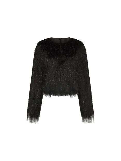 CARDIGAN CON LAVORAZIONE A FRANGE E CHIUSURA A GANCIO DONNA NERO