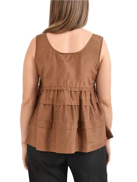 TOP IN MUSSOLA MISTO COTONE E SETA  CON BLAZE E PIEGHE DONNA MARRONE