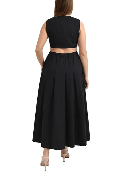 VESTITO LUNGO IN POPELINE DI COTONE CON TASCHE ED ELASTICO IN VITA DONNA NERO