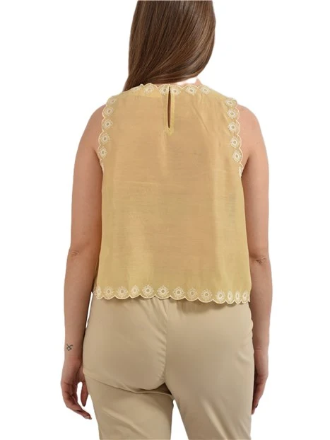 TOP TRAFORATO CON SCOLLO TONDO  E BOTTONE SUL RETRO DONNA GIALLO