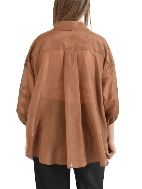 CAMICIA IN MUSSOLA MISTO SETA E COTONE CON POLSI ARRICCIATI DONNA MARRONE