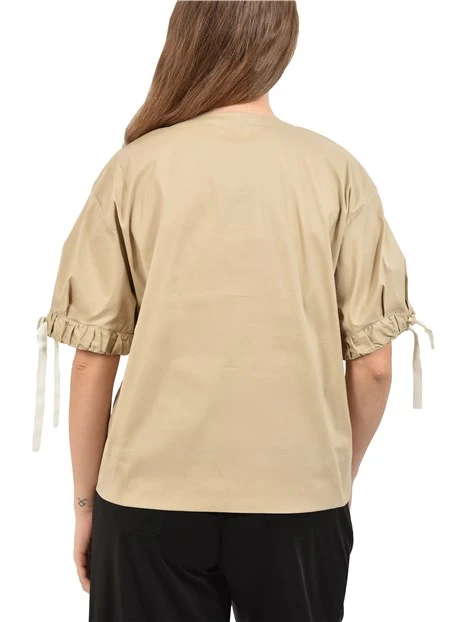 BLUSA CON SCOLLO A V E LACCETTI REGOLABILI SULLE MANICHE DONNA BEIGE