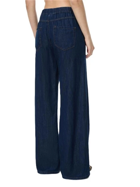 JEAN PALAZZO IN MISTO COTONE E LINO CON BORCHIE ED  ELASTICO IN VITA DONNA BLU