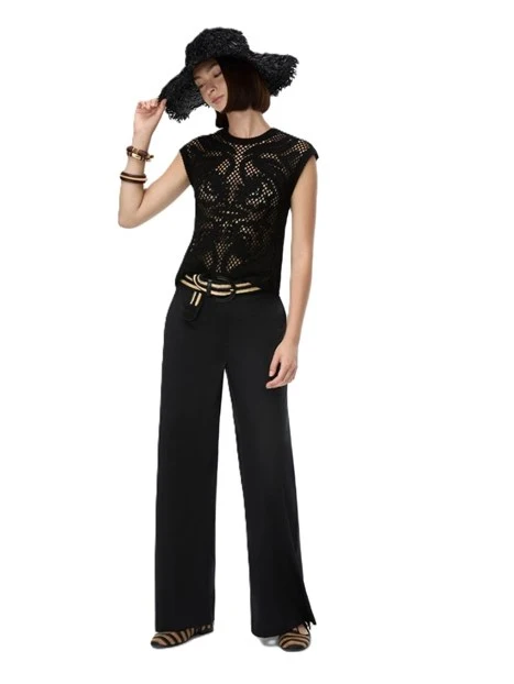 PANTALONI PALAZZO IN POPELINE MISTO COTONE CON ELASTICO SUL RETRO DONNA NERO