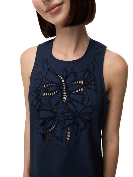 TOP IN COTONE RICAMATO CON SCOLLO TONDO CON GOCCIA  DONNA BLU