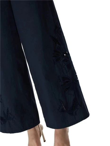 PANTALONE IN COTONE CON DETTAGLI RICAMATI ED ELASTICO IN VITA DONNA BLU