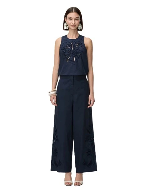 PANTALONE IN COTONE CON DETTAGLI RICAMATI ED ELASTICO IN VITA DONNA BLU