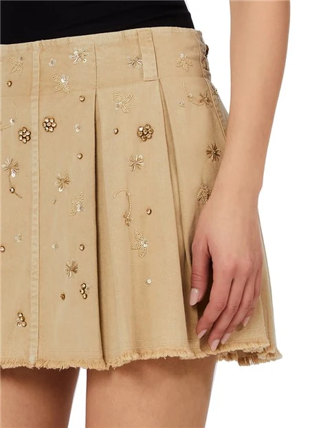 GONNA CORTA A BALZE CON RICAMI DECORATIVI DONNA BEIGE