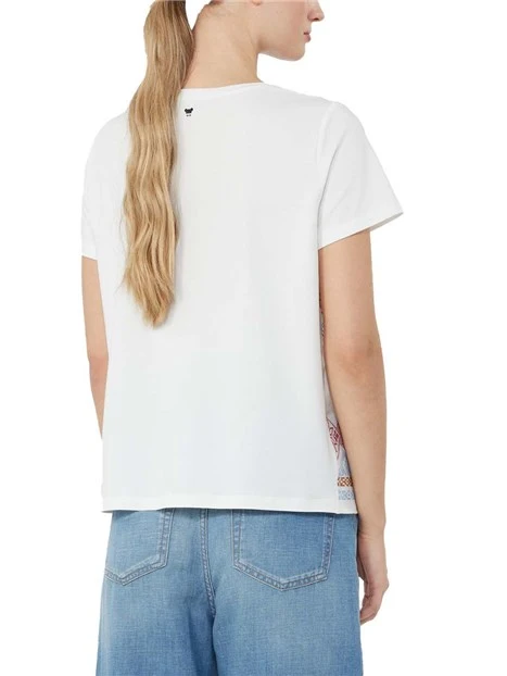 BLUSA IN JERSEY MANICA CORTA GIROCOLLO RICAMATO DONNA BIANCO