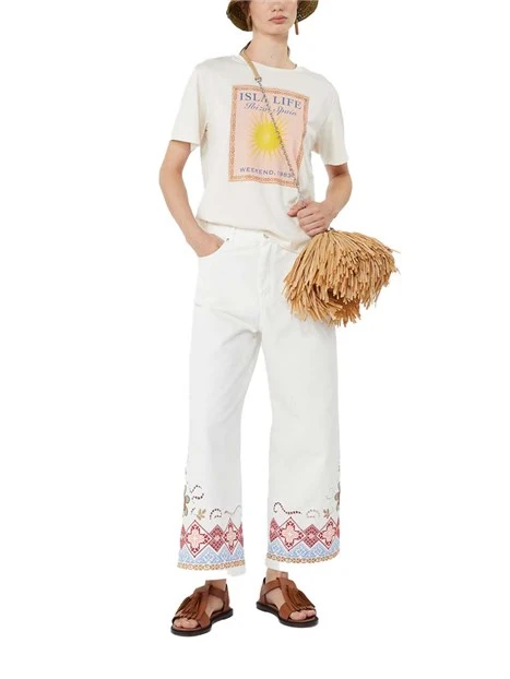 T-SHIRT MANICA CORTA CON SPAMPE FANTASIA DONNA ECRU'