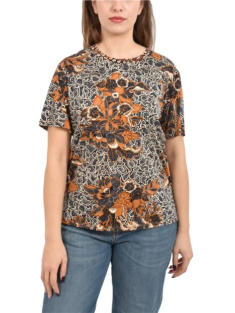 T-SHIRT MANICA CORTA IN COTONE A FANTASIA DONNA BEIGE