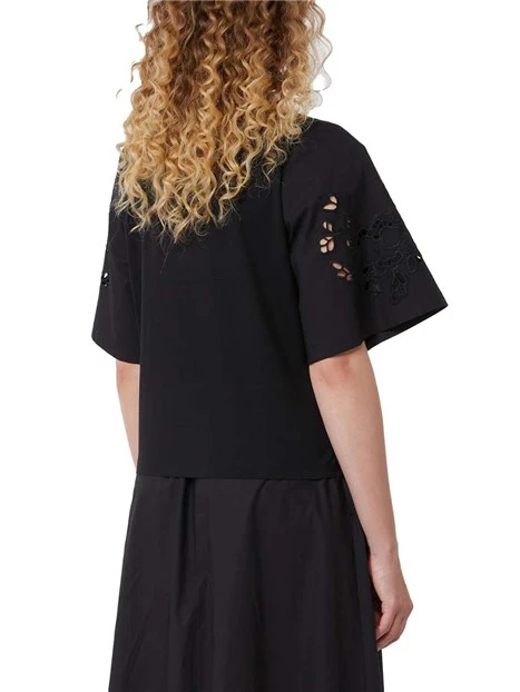 TOP MANICA CORTA  CON RICAMI DECORATIVI DONNA  NERO