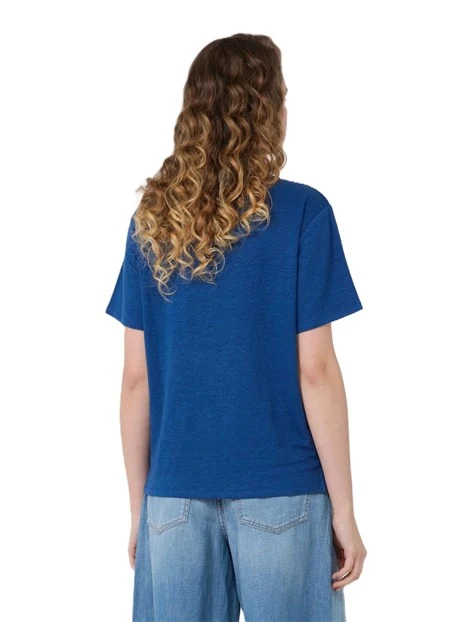 T-SHIRT MANICA CORTA IN LINO CON LOGO SUL RETRO DONNA BLU