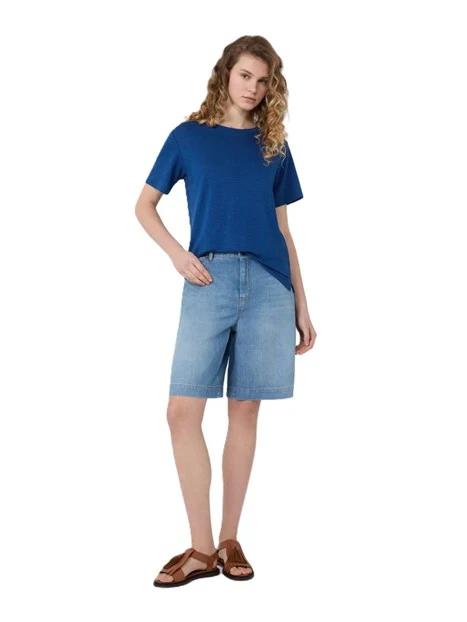 T-SHIRT MANICA CORTA IN LINO CON LOGO SUL RETRO DONNA BLU