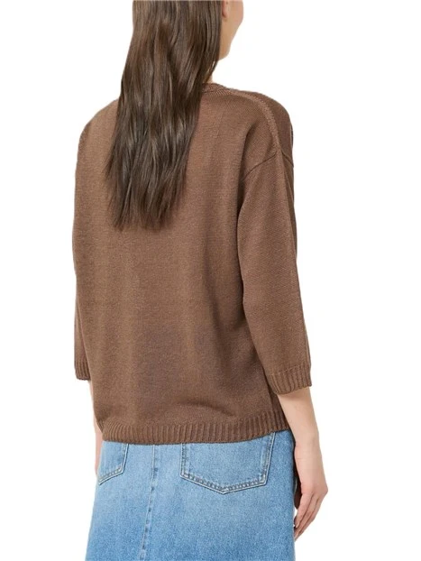 MAGLIA SCOLLO A BARCA IN PURO LINO CON BORDI A COSTINE DONNA MARRONE