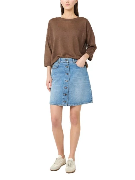 MAGLIA SCOLLO A BARCA IN PURO LINO CON BORDI A COSTINE DONNA MARRONE