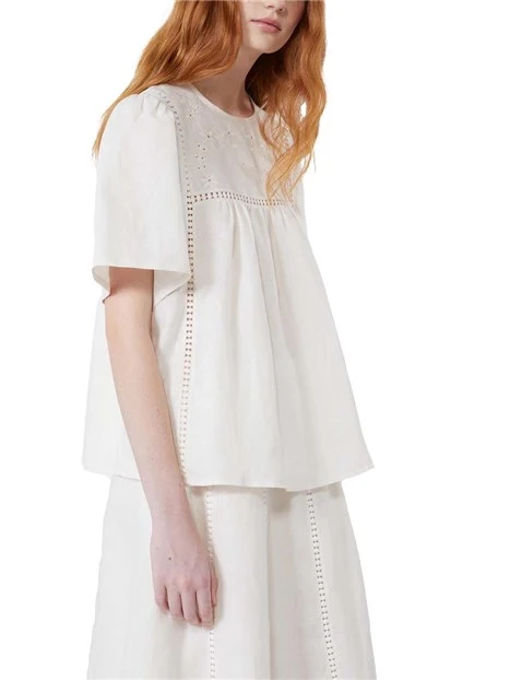 BLUSA A MANICA CORTA GIROCOLLO IN LINO DONNA ECRU'
