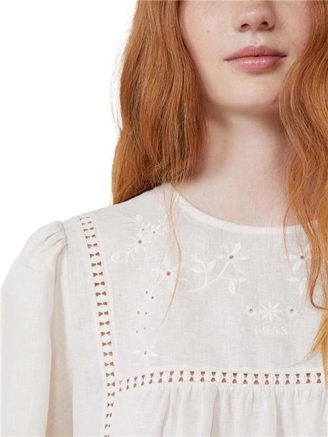 BLUSA A MANICA CORTA GIROCOLLO IN LINO DONNA ECRU'