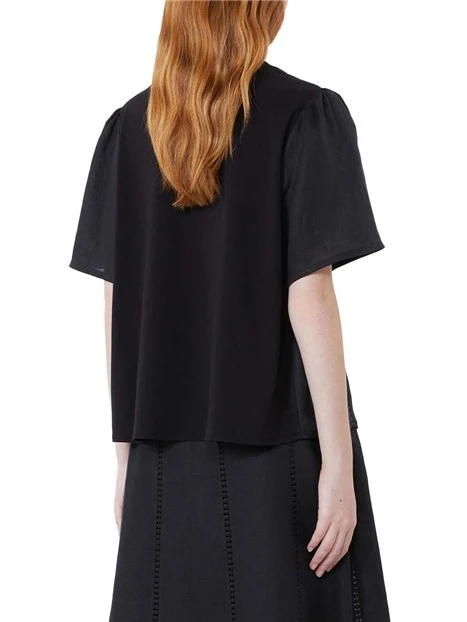 BLUSA A MANICA CORTA GIROCOLLO IN LINO DONNA  NERO