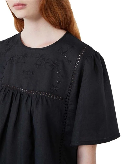 BLUSA A MANICA CORTA GIROCOLLO IN LINO DONNA  NERO