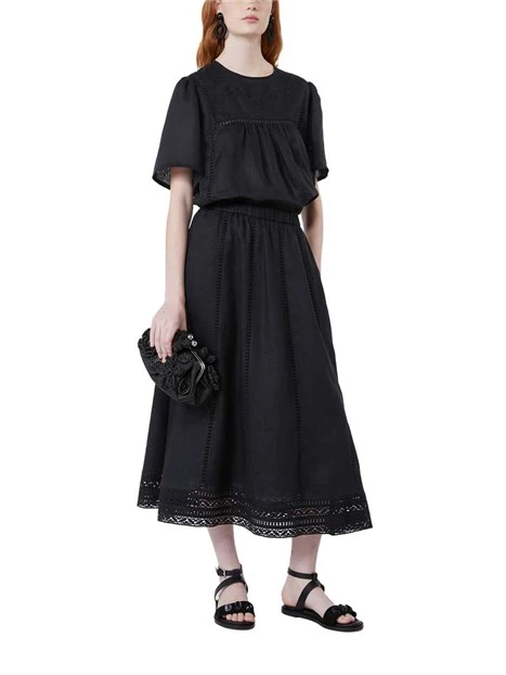 BLUSA A MANICA CORTA GIROCOLLO IN LINO DONNA  NERO