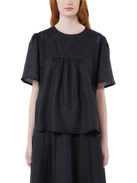 BLUSA A MANICA CORTA GIROCOLLO IN LINO DONNA  NERO