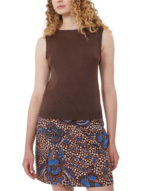 TOP SMANICATO GIROCOLLO IN SETA E LINO DONNA MARRONE