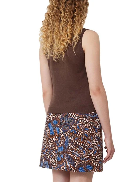 TOP SMANICATO GIROCOLLO IN SETA E LINO DONNA MARRONE