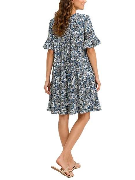 VESTITO CORTO KAFTANO  CON GONNA A BALZE DONNA  BLU SCURO