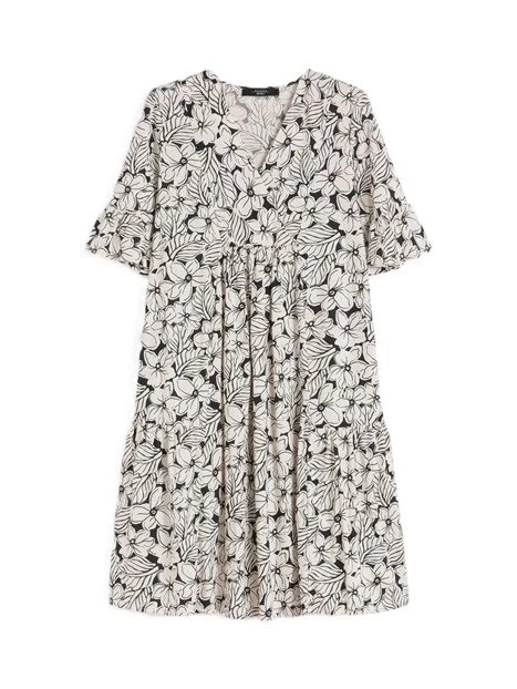 VESTITO CORTO KAFTANO  CON GONNA A BALZE DONNA NERO