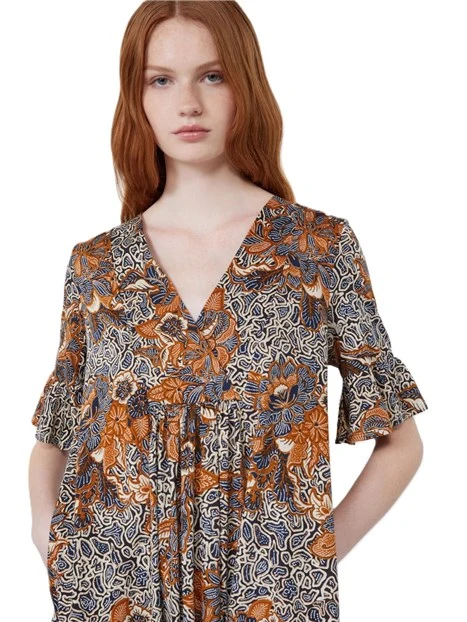 VESTITO CORTO KAFTANO  CON GONNA A BALZE DONNA  BLU