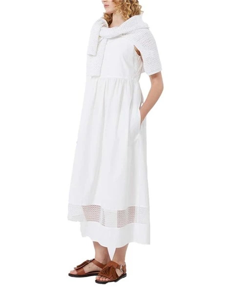 VESTITO LUNGO ZIP INVISIBILE E INSERTI IN PIZZO DONNA BIANCO