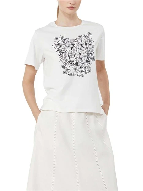 T-SHIRT MANICA CORTA CON GRAFICHE FIORI RICAMATE DONNA BIANCO