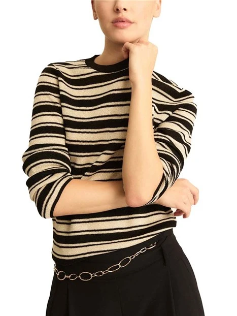 MAGLIA GIROCOLLO IN MISTO VISCOSA FANTASIA A RIGHE DONNA NERO