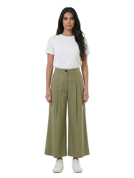 PANTALONI PALAZZO IN COTONE VITA ALTA  DONNA VERDE