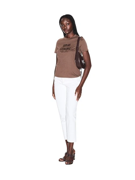 T-SHIRT MANICA CORTA CON STAMPA LOGO A CONTRASTO DONNA MARRONE