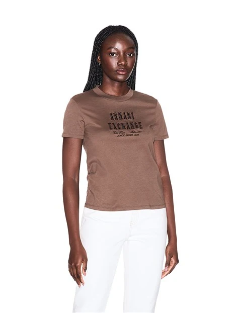 T-SHIRT MANICA CORTA CON STAMPA LOGO A CONTRASTO DONNA MARRONE