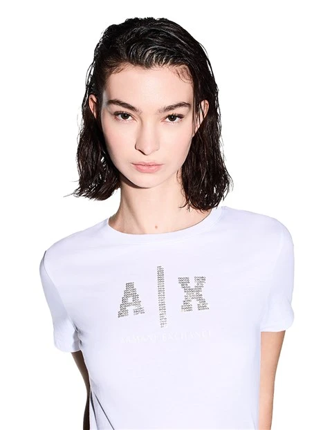 T-SHIRT MANICA CORTA CON LOGO RICAMATO IN STRASS DONNA BIANCO