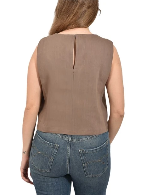 TOP IN LINO E VISCOSA STRETCH CON BOTTONI LATERALI DONNA MARRONE