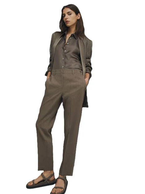 PANTALONI A SIGARETTA IN MISTO LINO CON INSERTO ELASTICIZZATO DONNA MARRONE