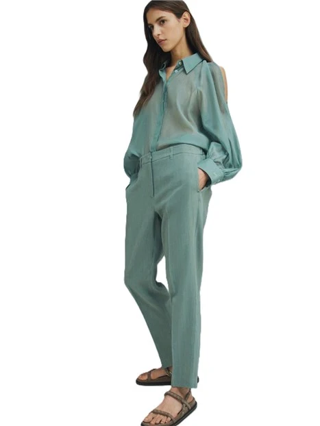 PANTALONI A SIGARETTA IN MISTO LINO CON INSERTO ELASTICIZZATO DONNA VERDE