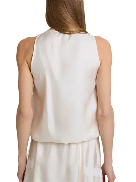 TOP SMANICATO CON SCOLLO ROTONDO E CHIUSURA CON BOTTONE DONNA BIANCO